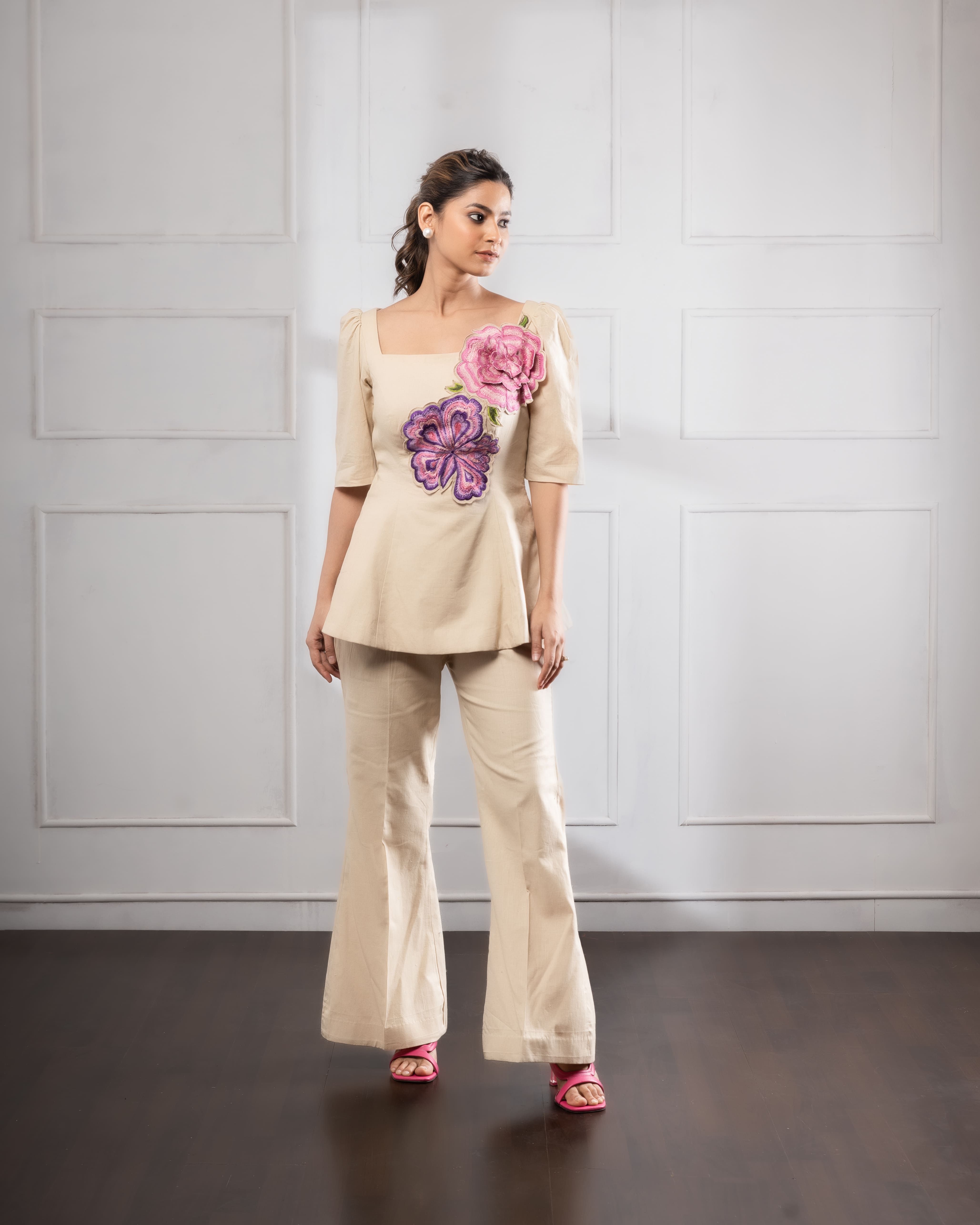 Beige Co-ord Set | Beige Flower Set | Rivoshia