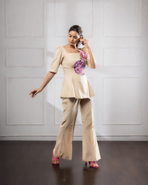 Beige Co-ord Set | Beige Flower Set | Rivoshia