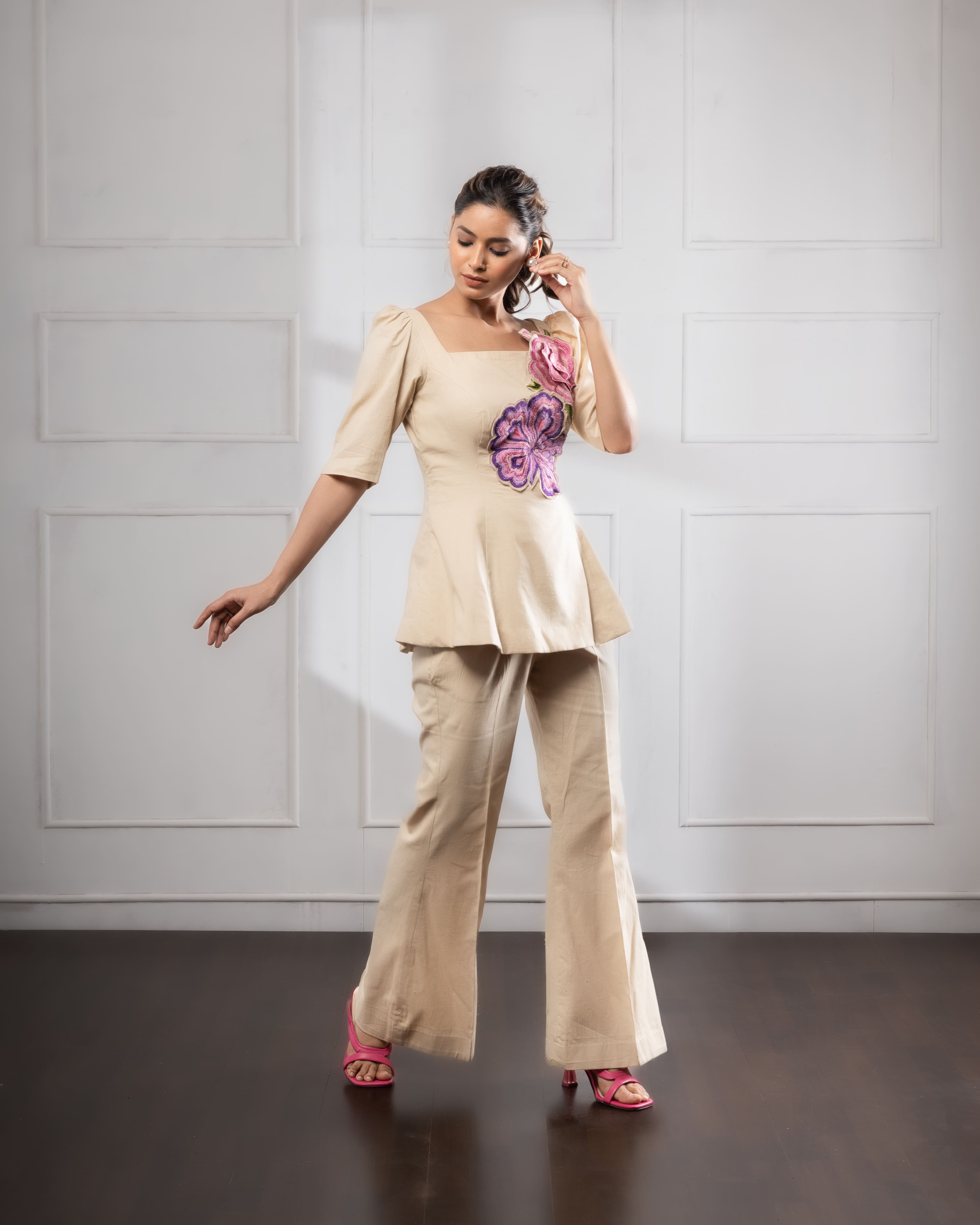 Beige Co-ord Set | Beige Flower Set | Rivoshia