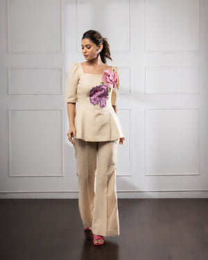 Beige Co-ord Set | Beige Flower Set | Rivoshia