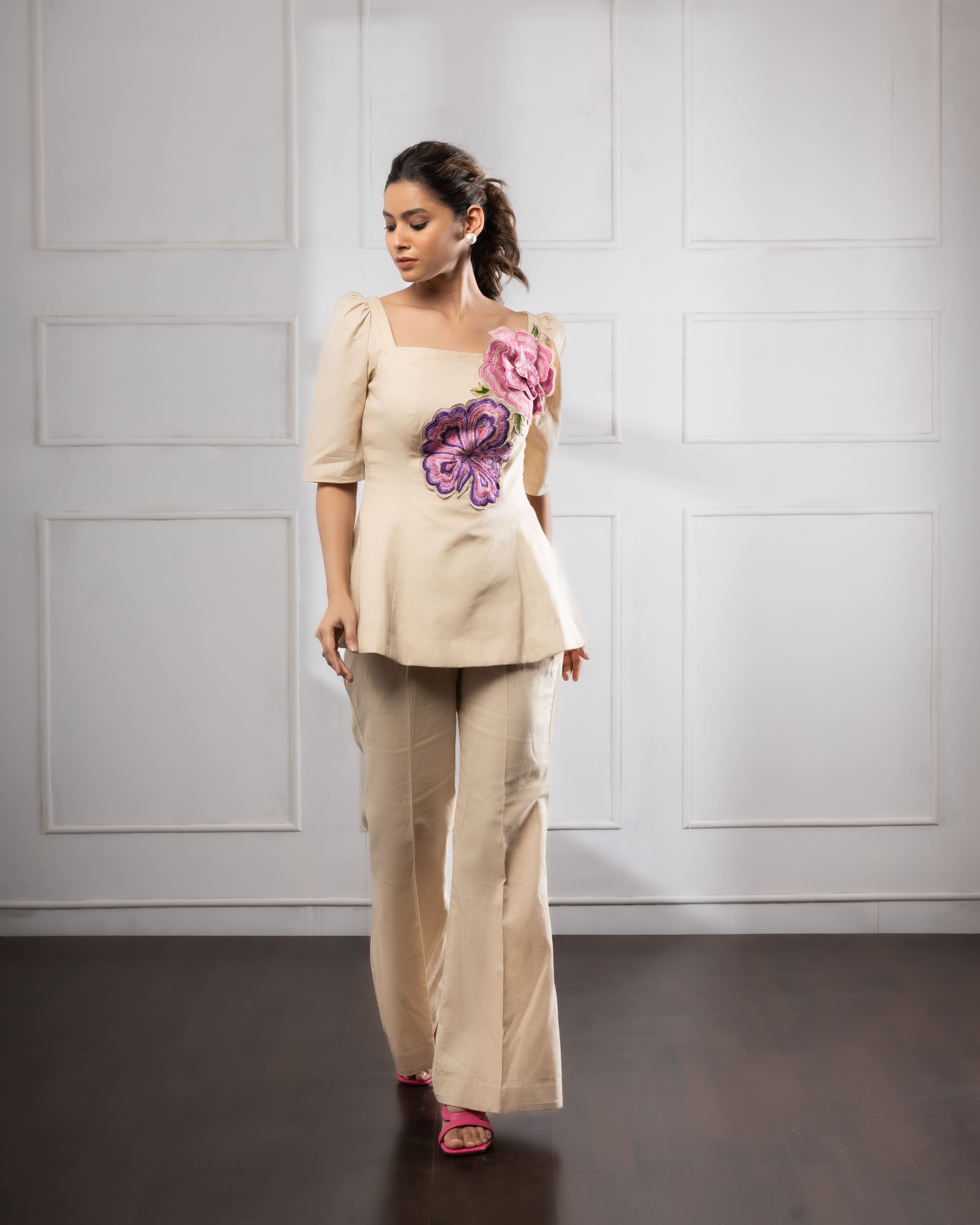 Beige Co-ord Set | Beige Flower Set | Rivoshia