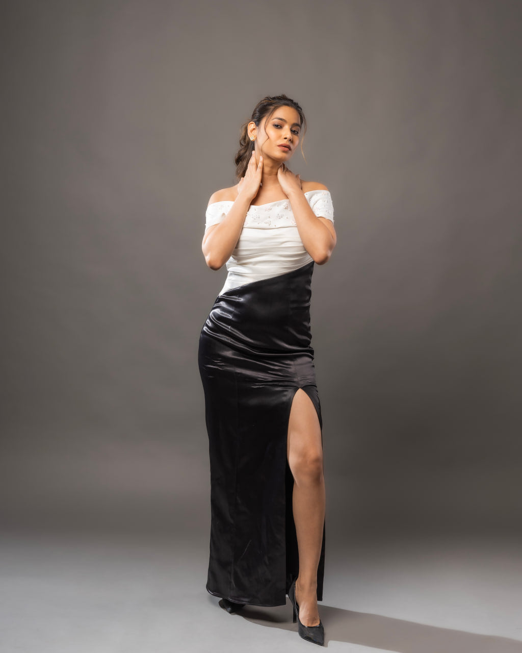 Drape Sleeve Dress | White and Black Draped Dress | Rivoshia